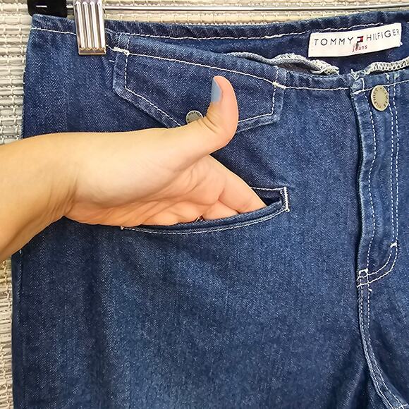 Tommy Hilfiger Jeans Womens 10 y2k Low Rise Dark Wash Blue Denim Wide Leg Pocket - Picture 10 of 14